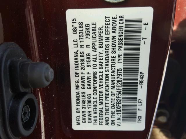 19XFB2F54FE287975 - 2015 HONDA CIVIC LX BURGUNDY photo 10