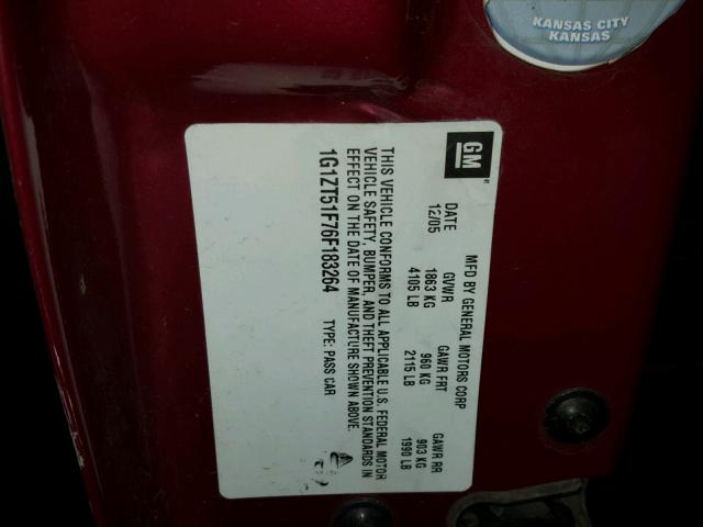 1G1ZT51F76F183264 - 2006 CHEVROLET MALIBU LT PURPLE photo 10