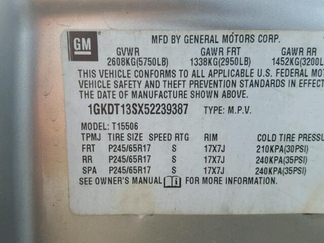 1GKDT13SX52239387 - 2005 GMC ENVOY SILVER photo 10