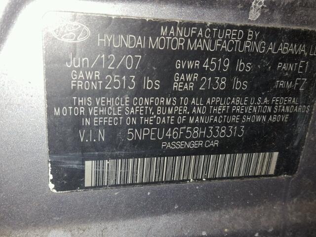 5NPEU46F58H338313 - 2008 HYUNDAI SONATA SE SILVER photo 10