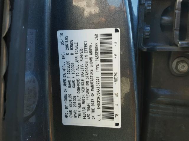 1HGCP2F76AA137241 - 2010 HONDA ACCORD EX GRAY photo 10