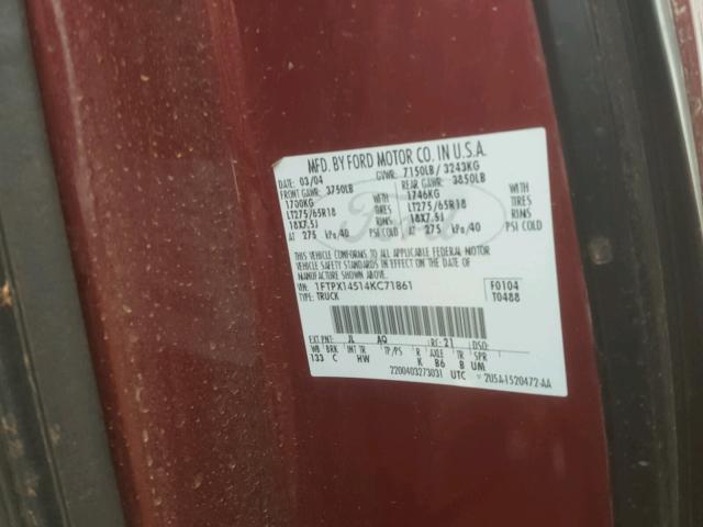 1FTPX14514KC71861 - 2004 FORD F150 RED photo 10