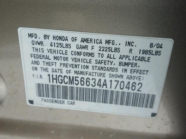 1HGCM56634A170462 - 2004 HONDA ACCORD EX GOLD photo 10