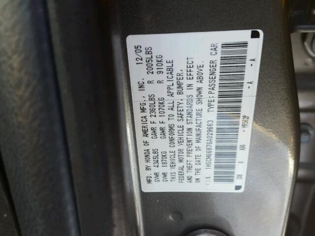 1HGCM66876A029663 - 2006 HONDA ACCORD EX GRAY photo 10