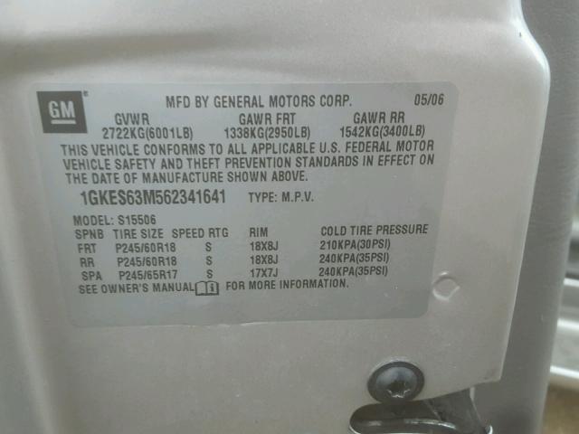 1GKES63M562341641 - 2006 GMC ENVOY DENA SILVER photo 10