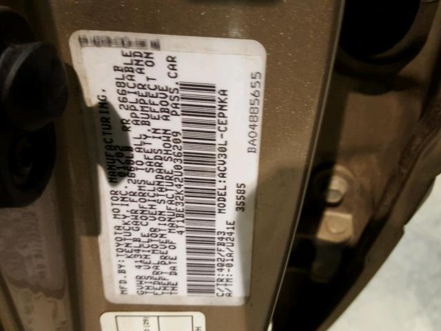 4T1BE32K42U036209 - 2002 TOYOTA CAMRY LE ბეჟი ფოტო 10