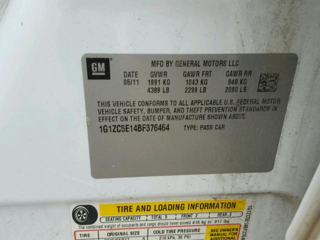 1G1ZC5E14BF376464 - 2011 CHEVROLET MALIBU 1LT 白色 照片 10