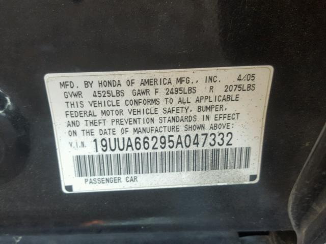 19UUA66295A047332 - 2005 ACURA TL BLACK photo 10