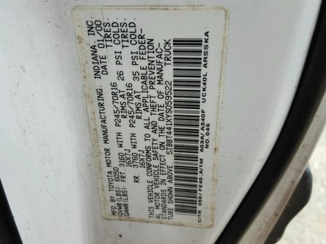 5TBBT441XYS059522 - 2000 TOYOTA TUNDRA ACC WHITE photo 10