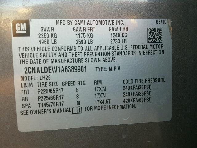 2CNALDEW1A6389901 - 2010 CHEVROLET EQUINOX LT GRAY photo 10