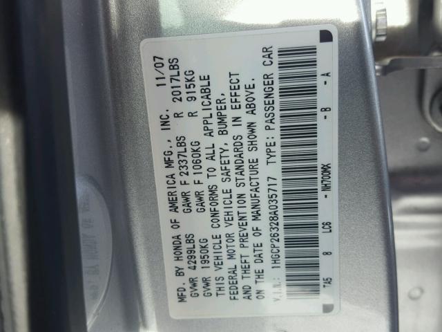 1HGCP26328A035717 - 2008 HONDA ACCORD LX SILVER photo 10