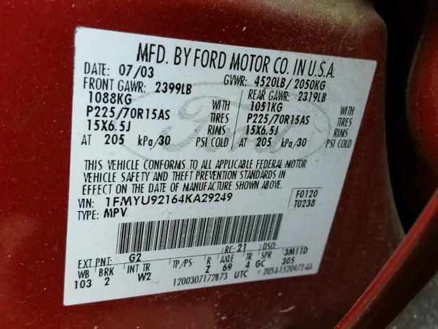 1FMYU92164KA29249 - 2004 FORD ESCAPE XLS RED photo 10