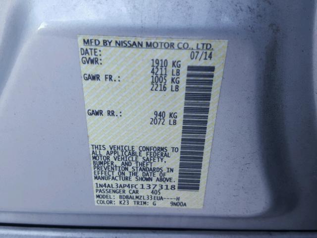 1N4AL3AP4FC137318 - 2015 NISSAN ALTIMA 2.5 SILVER photo 10