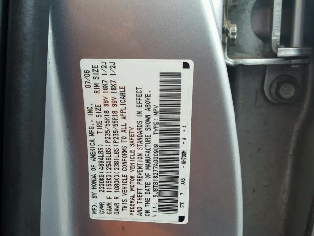 5J8TB18277A000909 - 2007 ACURA RDX SILVER photo 10