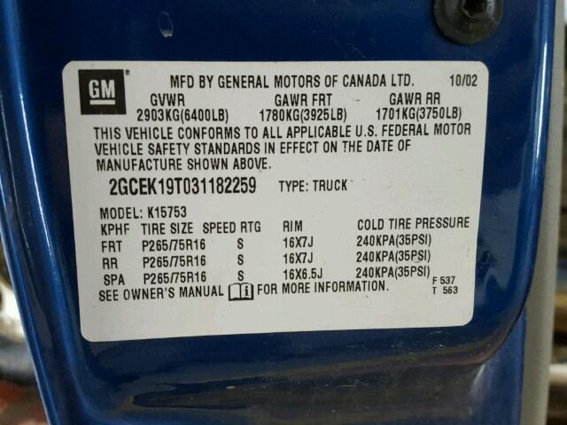 2GCEK19T031182259 - 2003 CHEVROLET SILVERADO BLUE photo 10