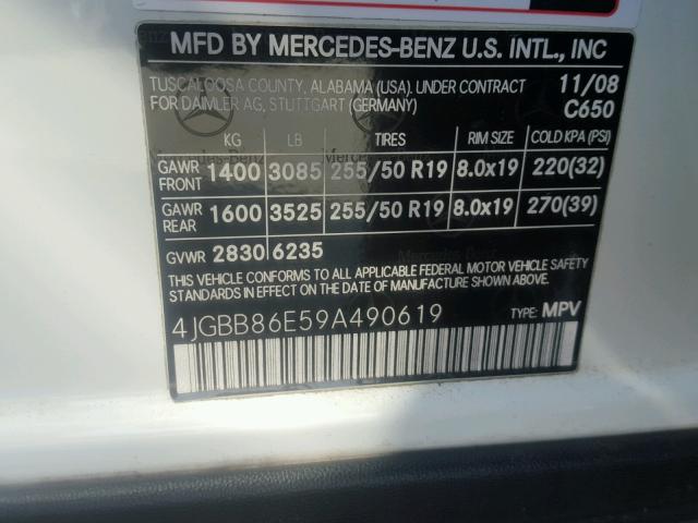 4JGBB86E59A490619 - 2009 MERCEDES-BENZ ML 350 WHITE photo 10