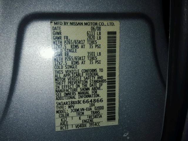5N1AR18BX8C664866 - 2008 NISSAN PATHFINDER SILVER photo 10