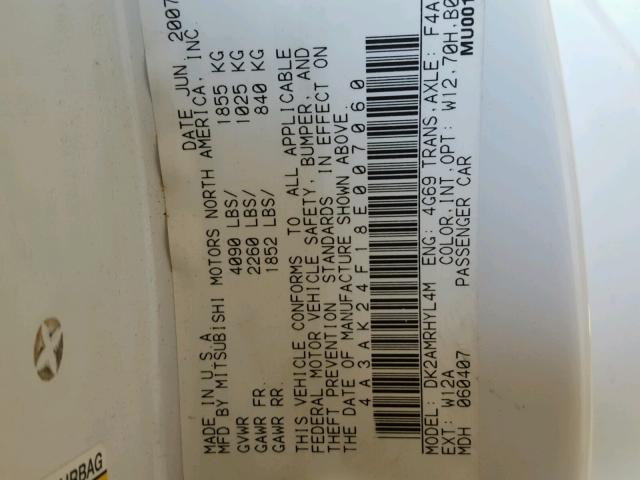 4A3AK24F18E007060 - 2008 MITSUBISHI ECLIPSE GS WHITE photo 10