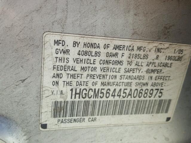 1HGCM56445A068975 - 2005 HONDA ACCORD LX SILVER photo 10