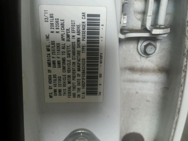 1HGCP3F85BA024509 - 2011 HONDA ACCORD EXL WHITE photo 10