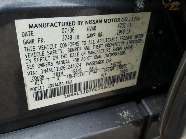 1N4AL11D26C248024 - 2006 NISSAN ALTIMA S GRAY photo 10