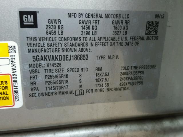 5GAKVAKD0EJ186853 - 2014 BUICK ENCLAVE ნაცრისფერი ფოტო 10