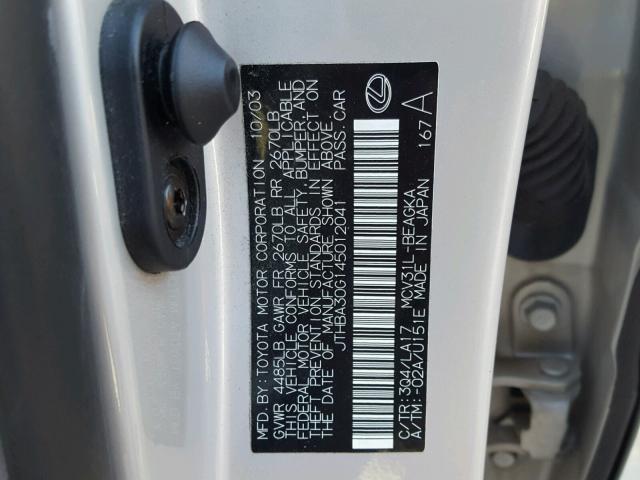 JTHBA30G145012041 - 2004 LEXUS ES 330 SILVER photo 10