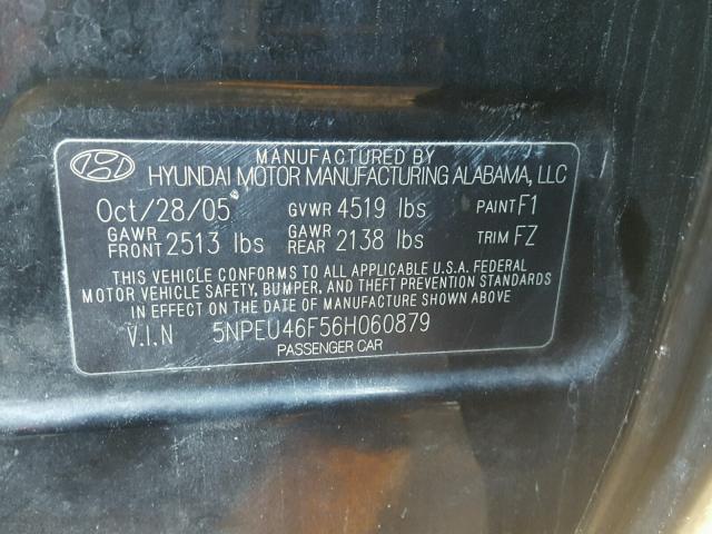 5NPEU46F56H060879 - 2006 HYUNDAI SONATA GLS BLACK photo 10