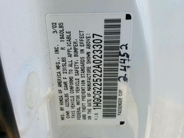 1HGCG22522A023307 - 2002 HONDA ACCORD EX WHITE photo 10