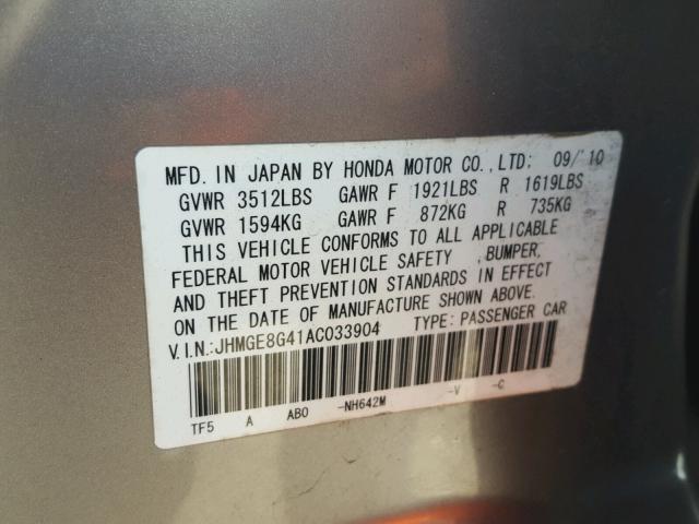 JHMGE8G41AC033904 - 2010 HONDA FIT SPORT GRAY photo 10