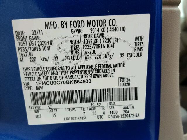 1FMCU0C70BKB64930 - 2011 FORD ESCAPE XLS BLUE photo 10
