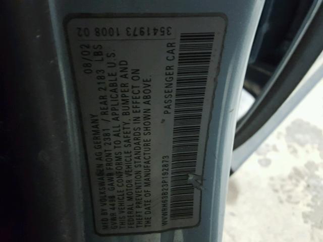 WVWRH63B23P192873 - 2003 VOLKSWAGEN PASSAT GLX BLUE photo 10