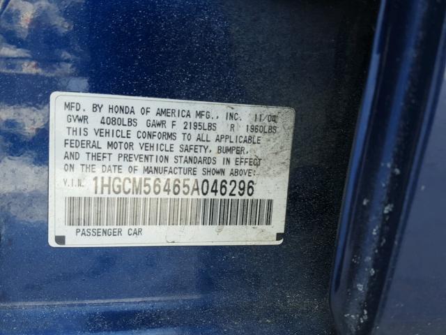 1HGCM56465A046296 - 2005 HONDA ACCORD LX BLUE photo 10