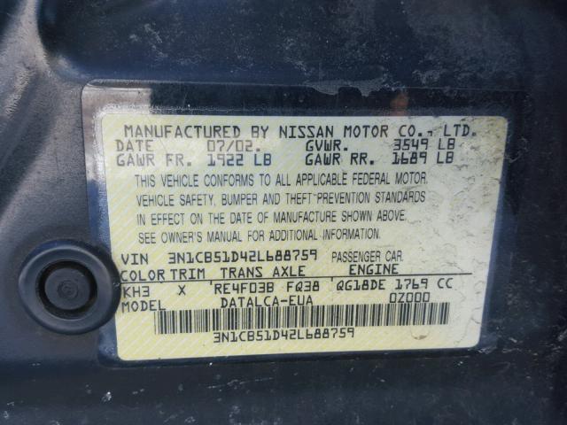 3N1CB51D42L688759 - 2002 NISSAN SENTRA XE BLACK photo 10