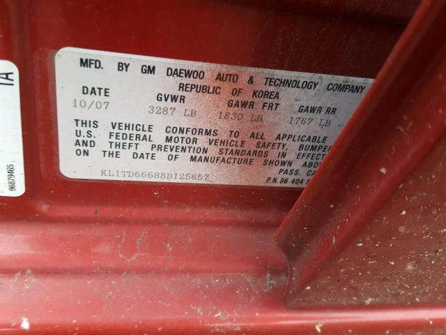 KL1TD66688B125657 - 2008 CHEVROLET AVEO BASE Қызыл фото 10