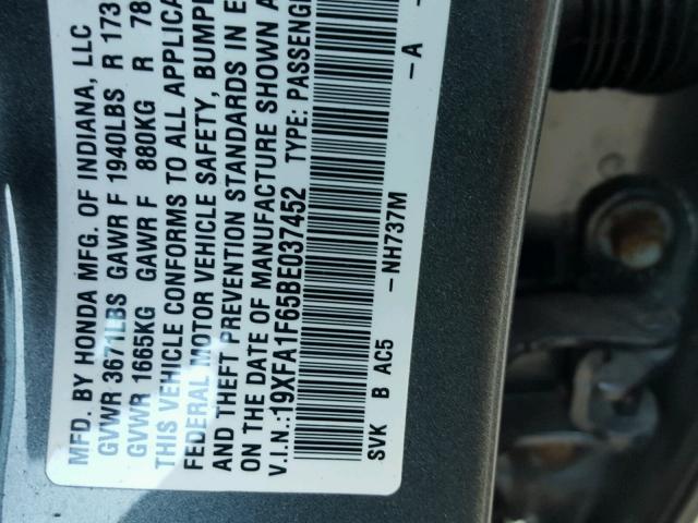 19XFA1F65BE037452 - 2011 HONDA CIVIC LX-S GRAY photo 10