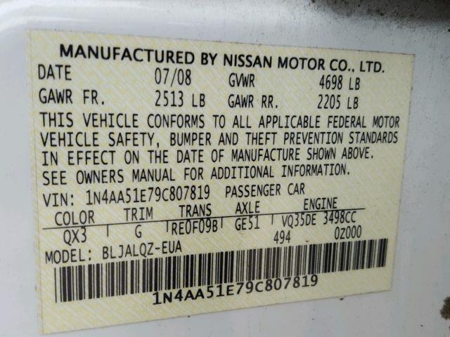 1N4AA51E79C807819 - 2009 NISSAN MAXIMA S WHITE photo 10