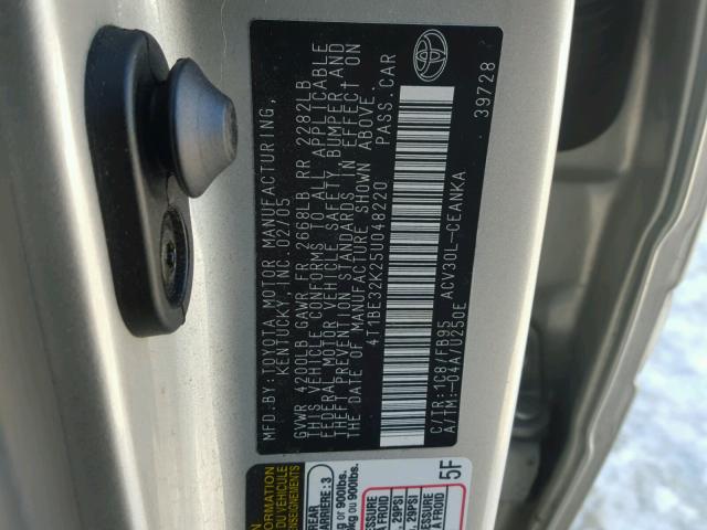 4T1BE32K25U048220 - 2005 TOYOTA CAMRY LE 银色 照片 10