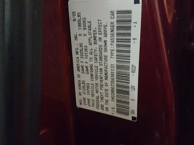 1HGCM56735A181133 - 2005 HONDA ACCORD EX RED photo 10