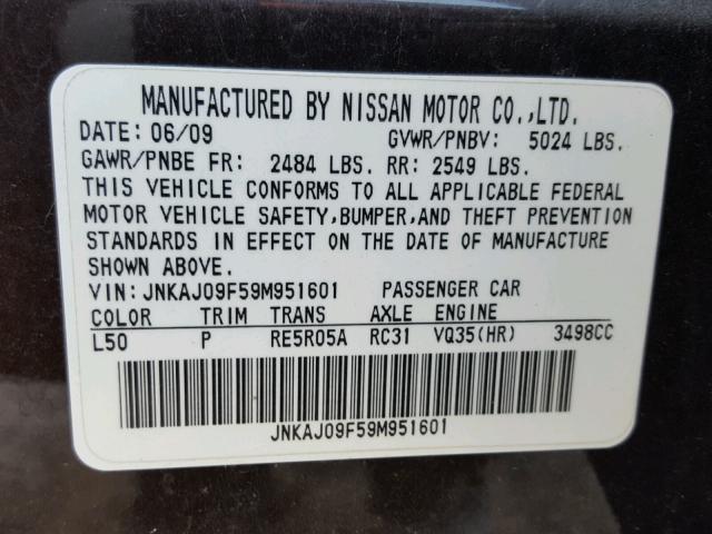 JNKAJ09F59M951601 - 2009 INFINITI EX35 BASE BROWN photo 10