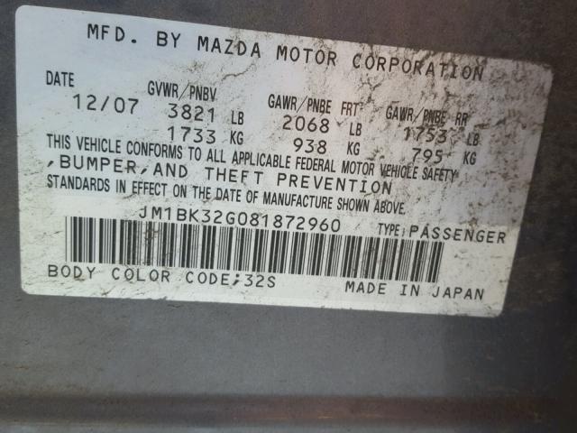 JM1BK32G081872960 - 2008 MAZDA 3 I CHARCOAL photo 10