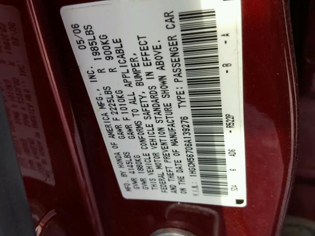 1HGCM56706A139276 - 2006 HONDA ACCORD EX MAROON photo 10