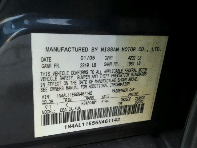 1N4AL11E55N461142 - 2005 NISSAN ALTIMA S SILVER photo 10