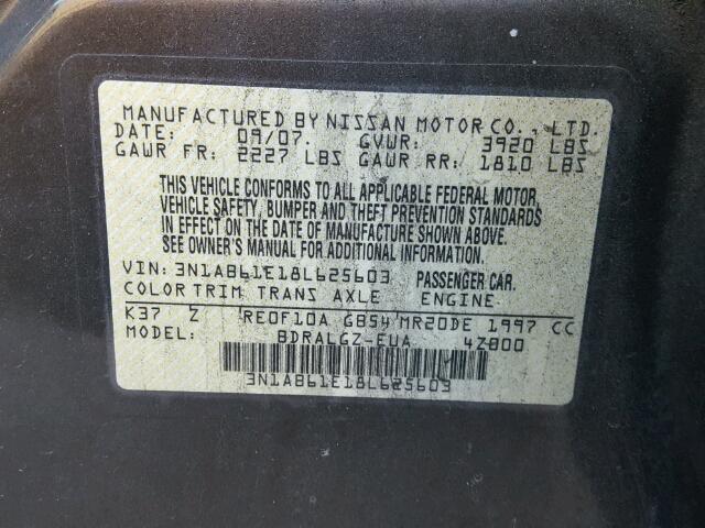 3N1AB61E18L625603 - 2008 NISSAN SENTRA 2.0 BLACK photo 10