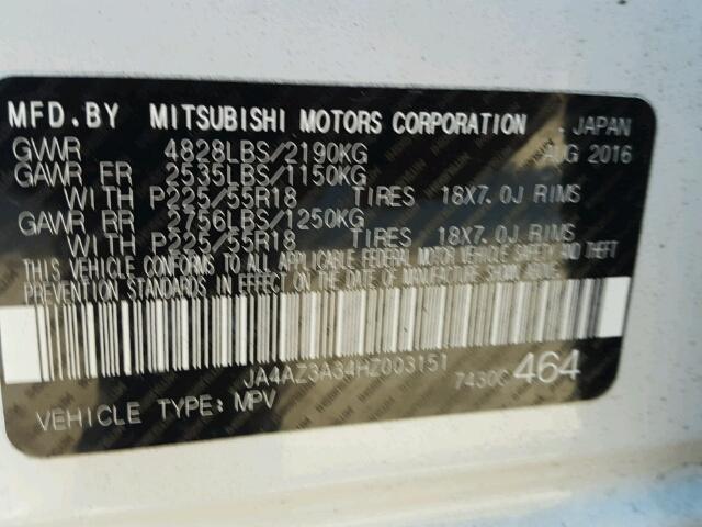 JA4AZ3A34HZ003151 - 2017 MITSUBISHI OUTLANDER WHITE photo 10