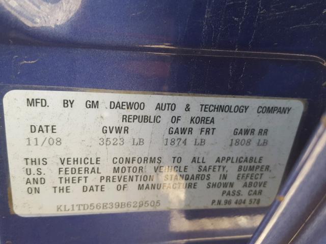 KL1TD56E39B629505 - 2009 CHEVROLET AVEO LS BLUE photo 10