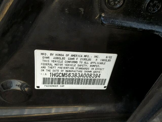 1HGCM56383A008394 - 2003 HONDA ACCORD LX BLACK photo 10