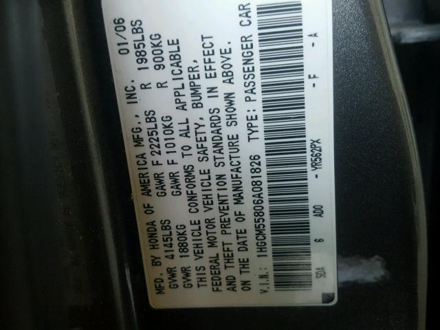 1HGCM55806A081826 - 2006 HONDA ACCORD EX GRAY photo 10