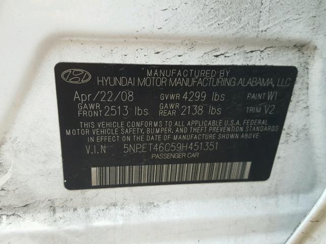 5NPET46C59H451351 - 2009 HYUNDAI SONATA GLS WHITE photo 10