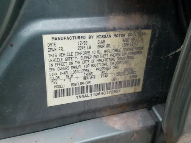 1N4AL11D64C172921 - 2004 NISSAN ALTIMA BAS GRAY photo 10